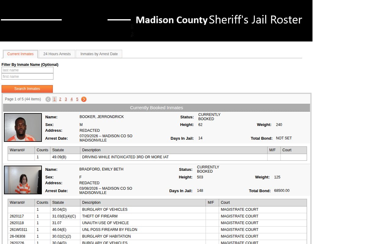 Madison County current inmate roster header and booking field layout