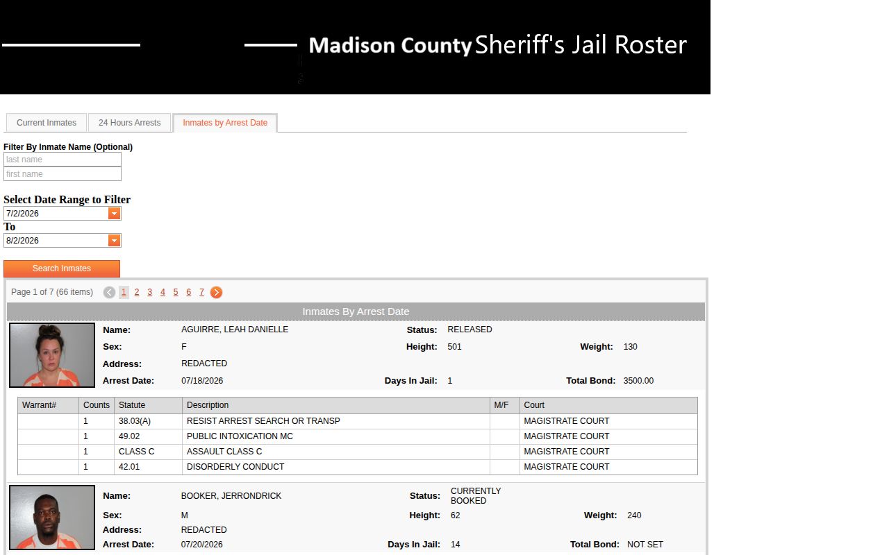 Madison County arrest-date controls and a redacted released result