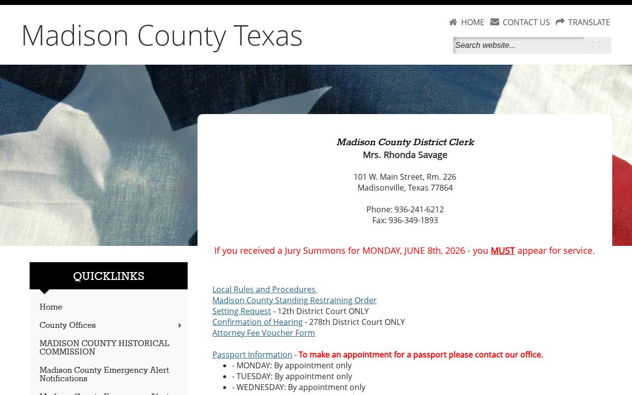 Madison County District Clerk contact information for felony records