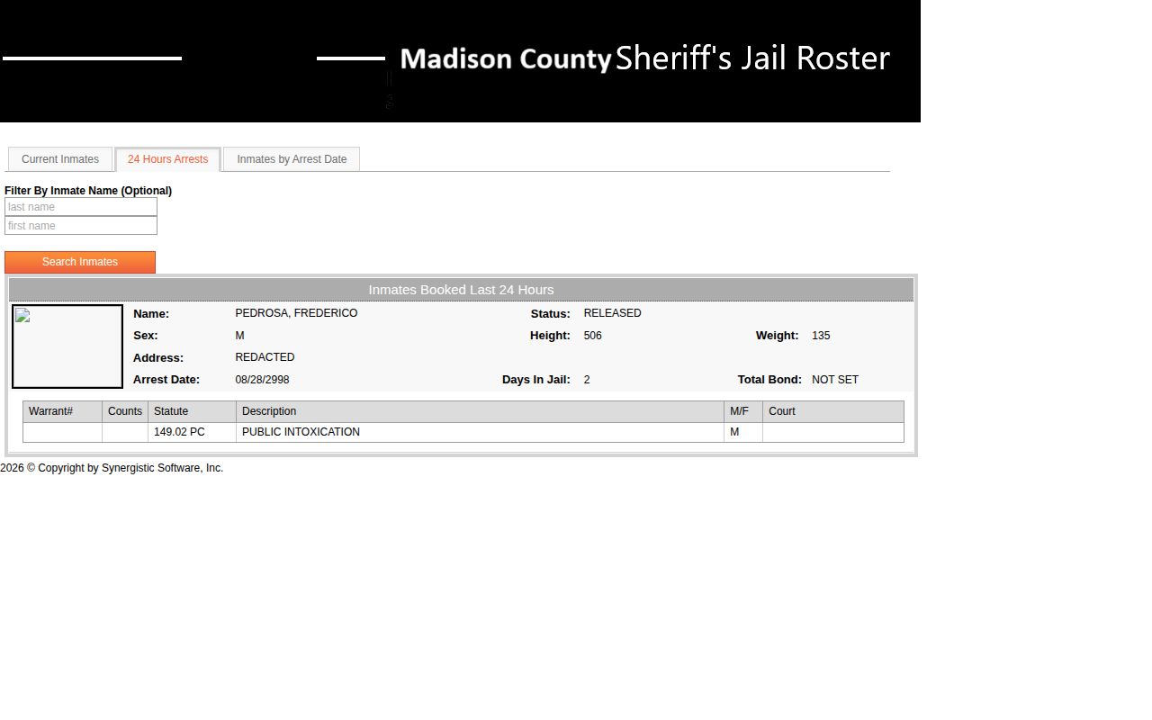 Madison County Inmates Booked Last 24 Hours page with released status