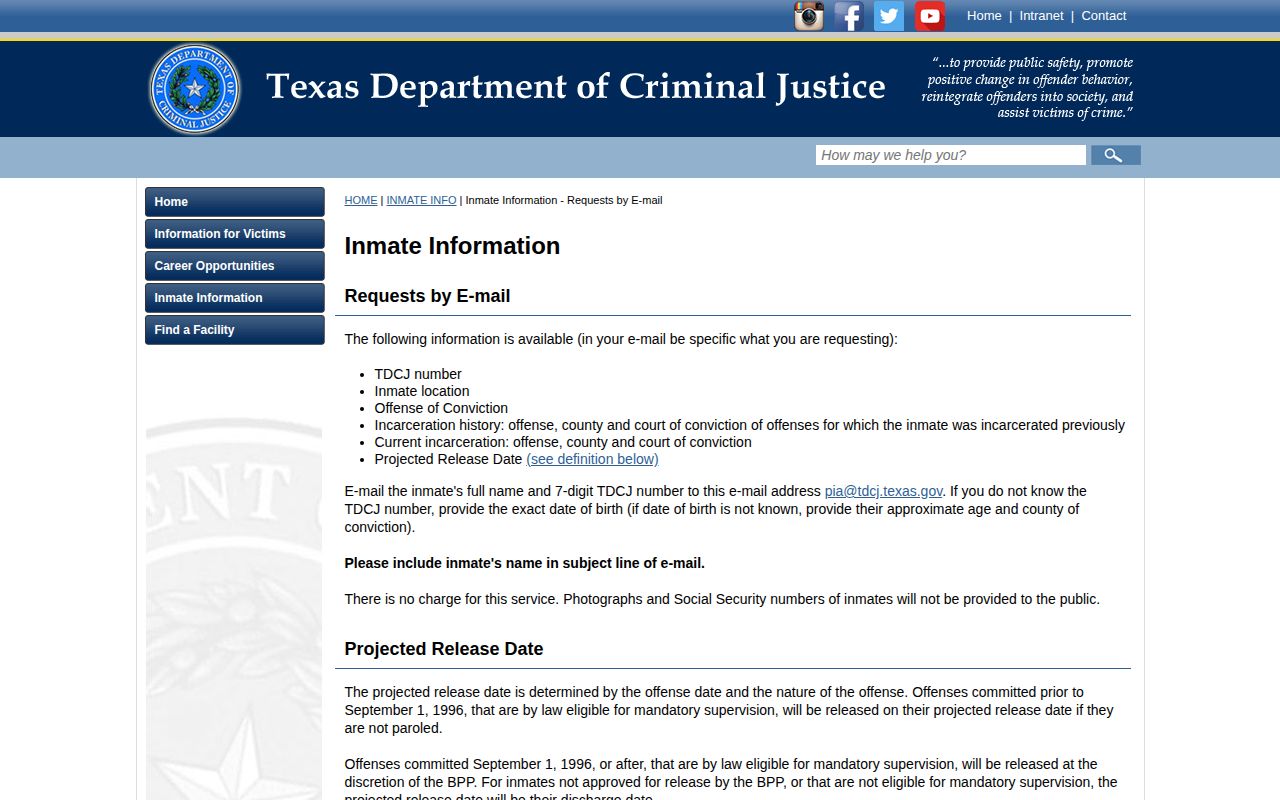 TDCJ inmate information definitions and projected release limitations