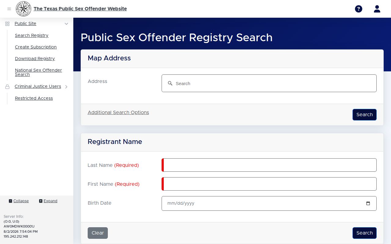 Texas DPS public sex offender registry search form